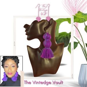 NEW handmade purple Bohemian tassel crochet pom-pom dangle large earrings